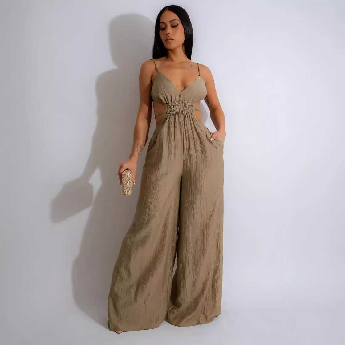 Solid-color Womens Wide-leg Jumpsuit Backless Fashionable Versatile And Elegant