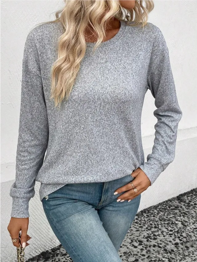 Casual Loose Solid Color Round Neck Sweater Gray - Shop at LoveMi