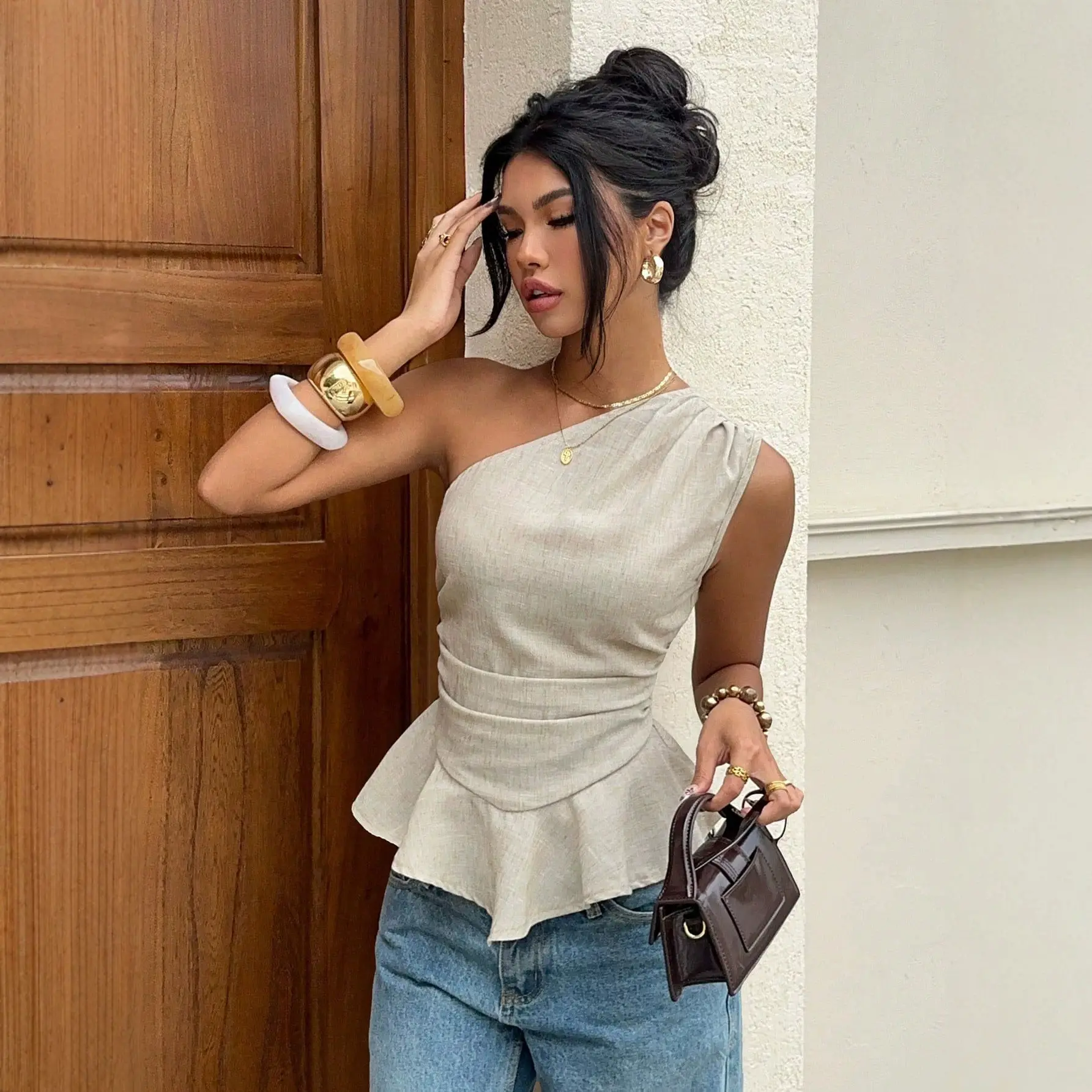 One-Shoulder Pleated Waistline Ruffled Hem Slimming Sleeveless