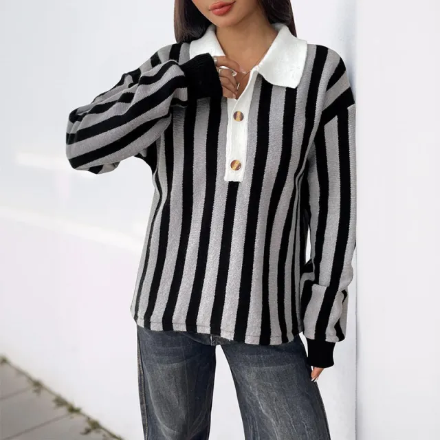 Autumn And Winter Unisex Style Vertical Stripes Lapel Knitted Pullover Sweater Women Dark Gray - Shop at LoveMi