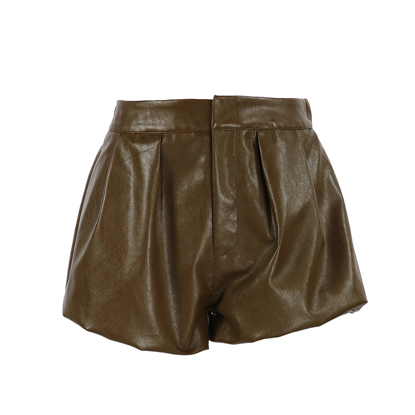 Stylish Solid-color Faux Leather Paper-bag Shorts