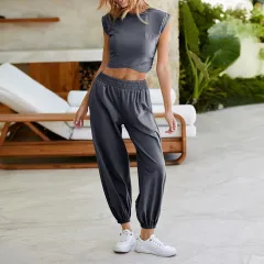 Women's Casual Slim Fit Vest Pants Suit - Dark Gray - View 1