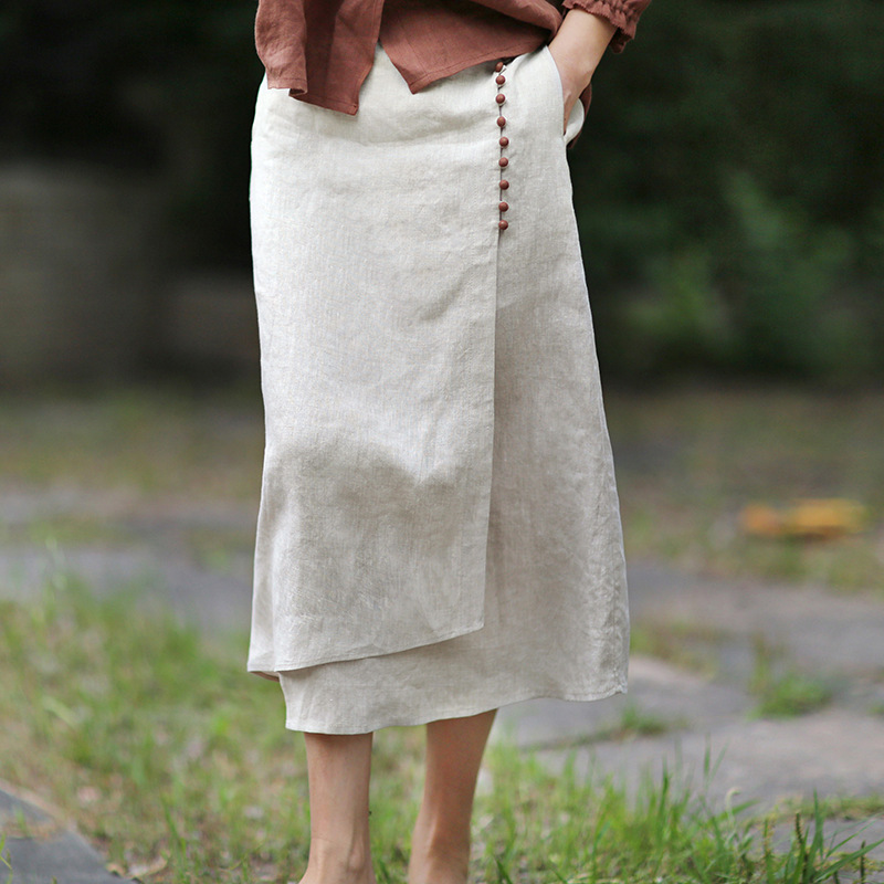 Raw Jute Irregular Stitching Skirt. Product information: Pattern: solid color, Fabric name: linen, Skirt-type: A- line skirt, Color: Hemp, Main fabric composition: linen, Size: S,M,L,XL, Style type: artistic retro, Skirt length: mid skirt, Skirt Category: