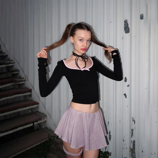 Bow Cut Out Contrasting Color Long Sleeved T shirt Top For Women Black - Shop at LoveMi