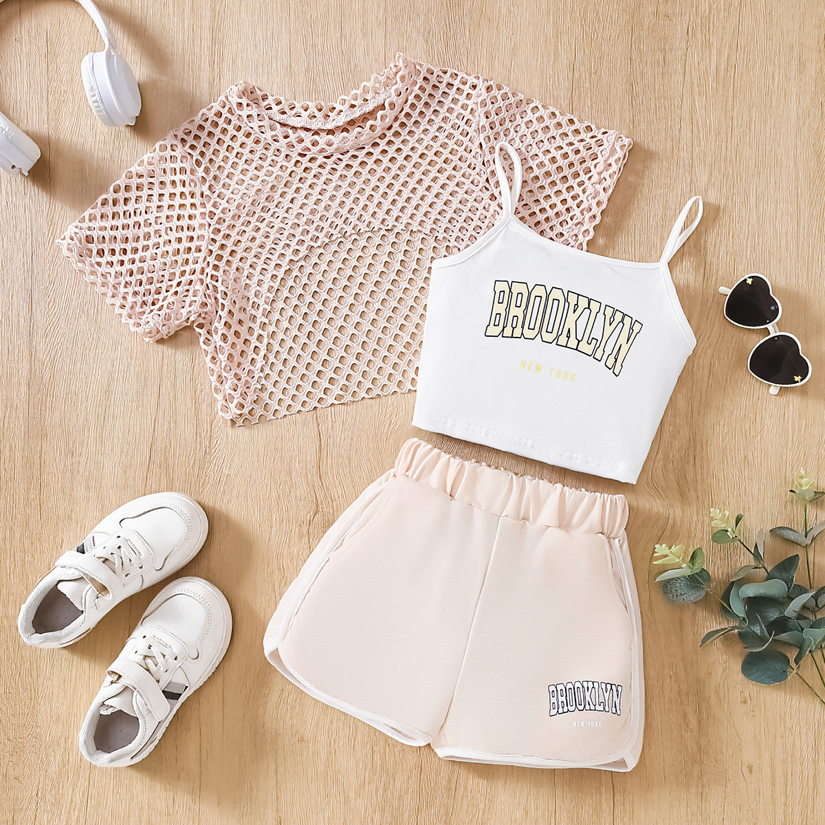 Summer New Mesh Shirt Short-Sleeve Top Pullover Three-Piece Set