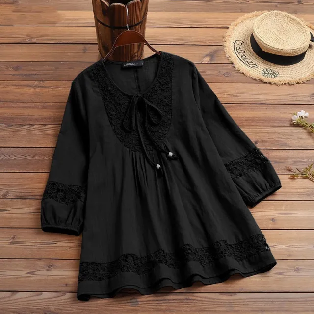 Cotton And Linen Stitching Lace 34 Sleeve Loose Women's Top T shirt Black - Shop at LoveMi