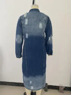Lapel Style Women's Washed Loose Hole Top Denim Jacket - Dark Blue - View 1