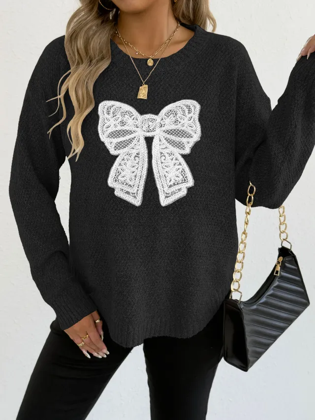 Women's Round Neck Embroidered Lace Butterfly Stitching Woven Sweater Black - Shop at LoveMi