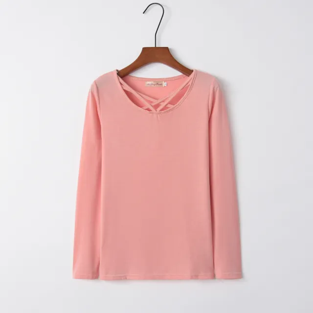 Best selling New Type Long Sleeve T shirt Women Solid Color Cross Collar Solid Color Fall Women's Clothing Pink - Shop at LoveMi