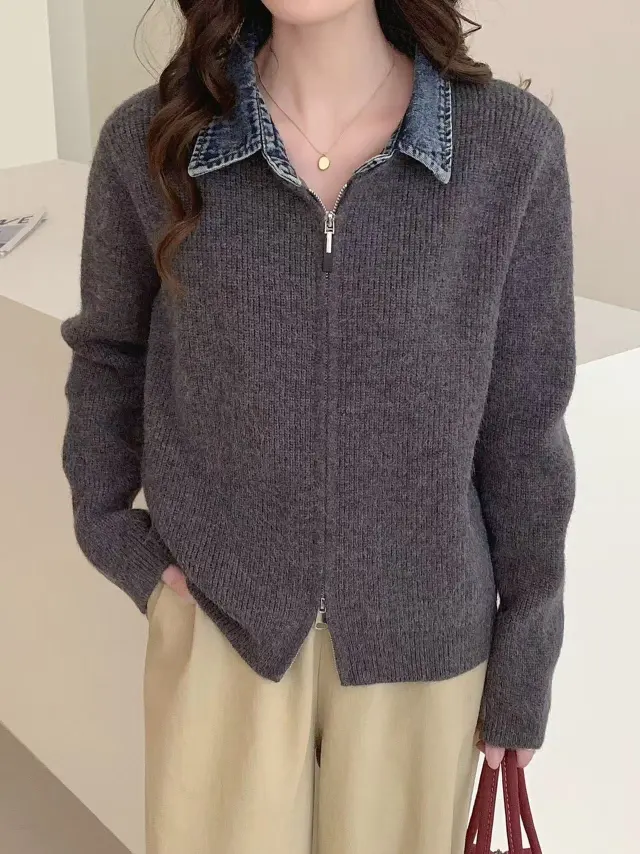 False Two piece Denim Patchwork Knitted Sweater Gray - Shop at LoveMi