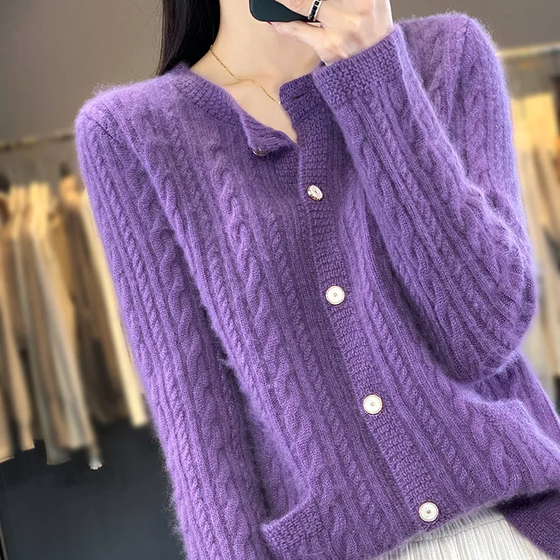Slimming Jacquard Warm Wool Knit Cardigan Outerwear Top - Purple