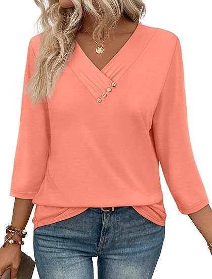 Coral pink women’s autumn button v-neck cotton shirt