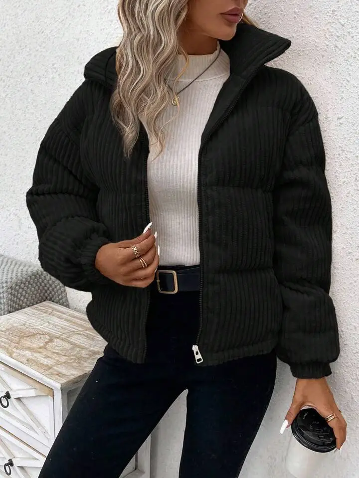 Women's Thickened Plus Size Short Corduroy Cotton Coat Jacket - Black