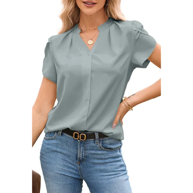 Solid Color Pullover V neck Chiffon Shirt For Women Lc25125099P204 M - Shop at LoveMi