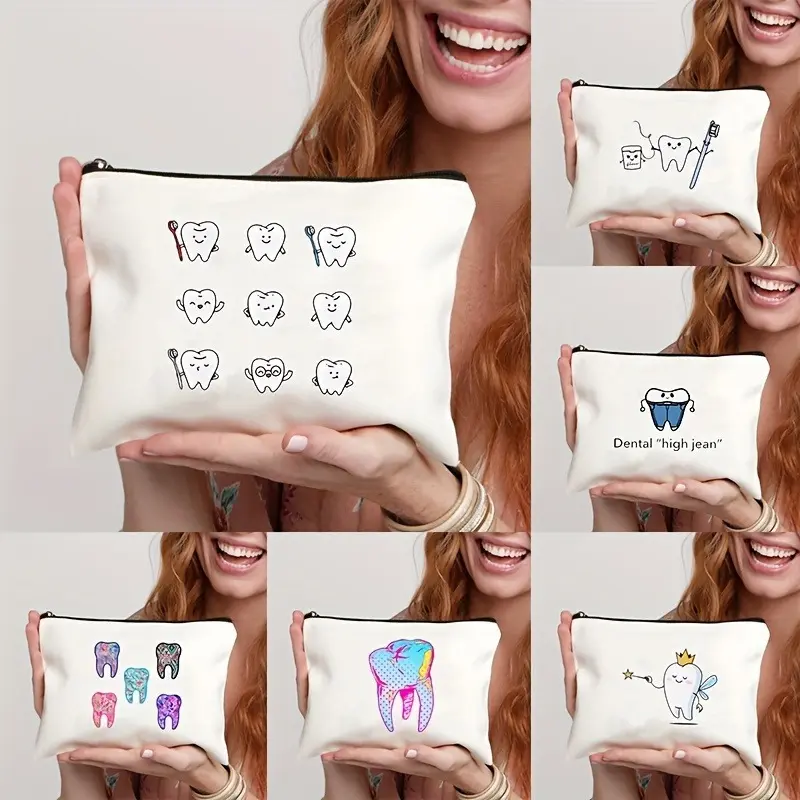 Tooth-patterned Canvas Zip Pouch for Kids Travel