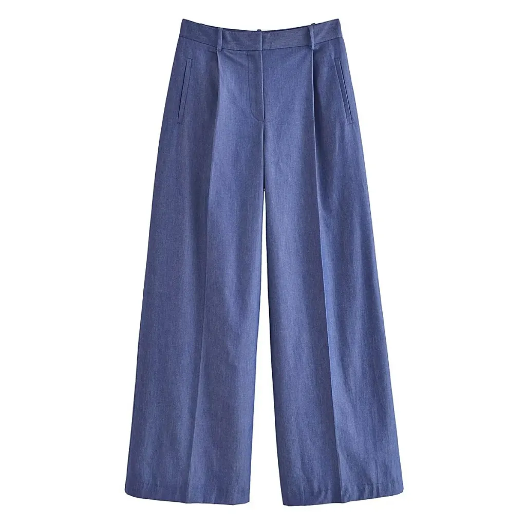 Double Pocket Cropped Coat Top High Waist Wide Leg Pants Suit - Pants