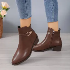 Chunky Heel Zipper Slip-on Autumn And Winter Fashion Boots Women - Brown - View 1