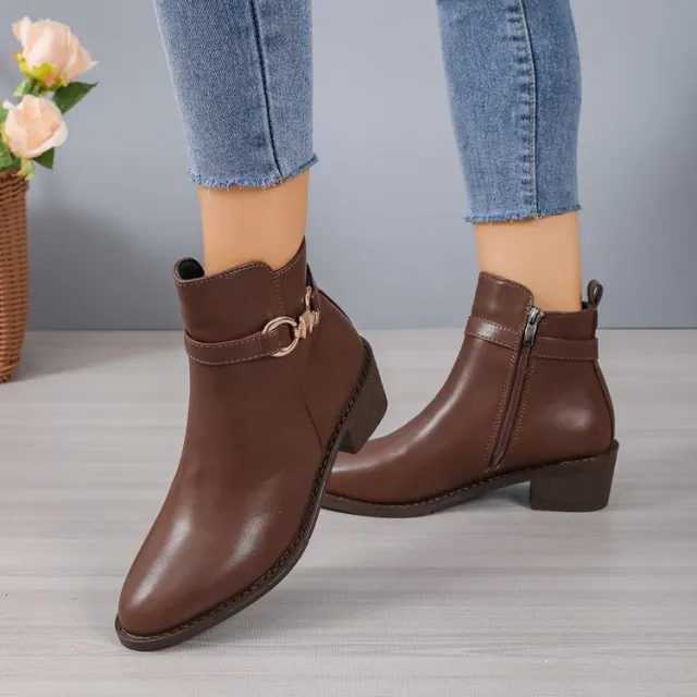 Chunky Heel Zipper Slip on Autumn And Winter Fashion Boots Women Brown - Shop at LoveMi