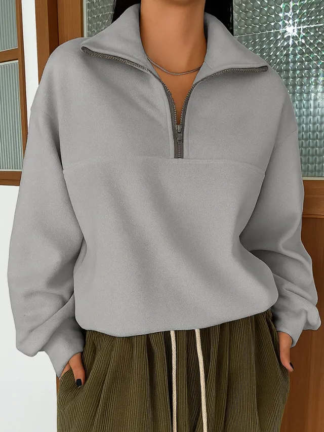 Casual Loose Fashion Solid Color Long Sleeve Zipper Pullover Lapel Sweater Gray - Shop at LoveMi