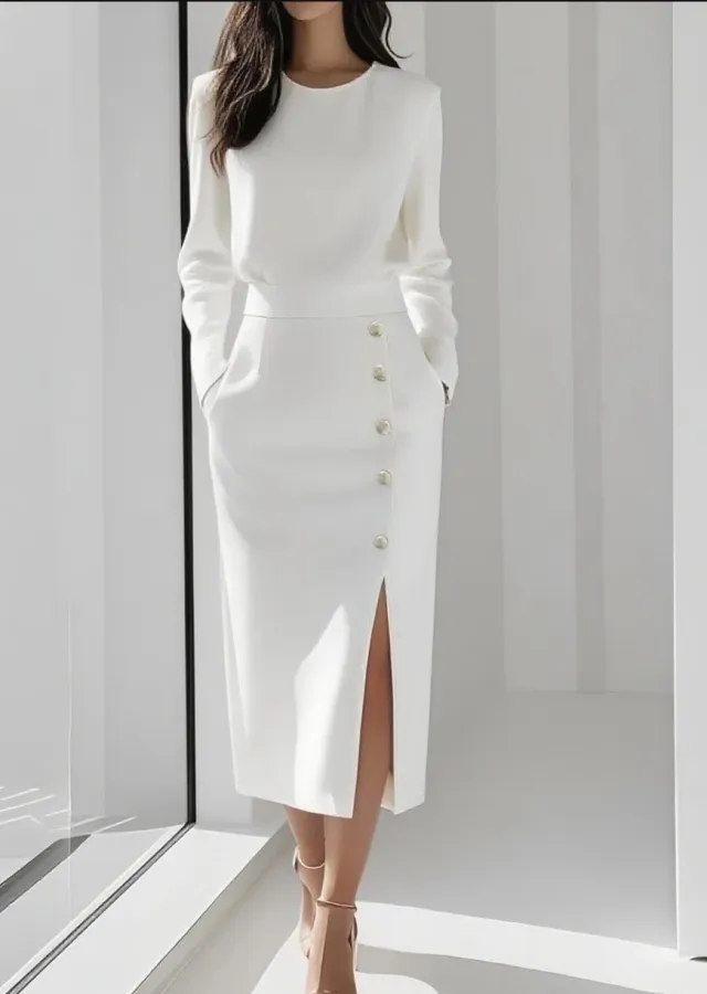 Long sleeved Round Neck Waist tie Button decorated Slit Women's Dress White - Shop at LoveMi