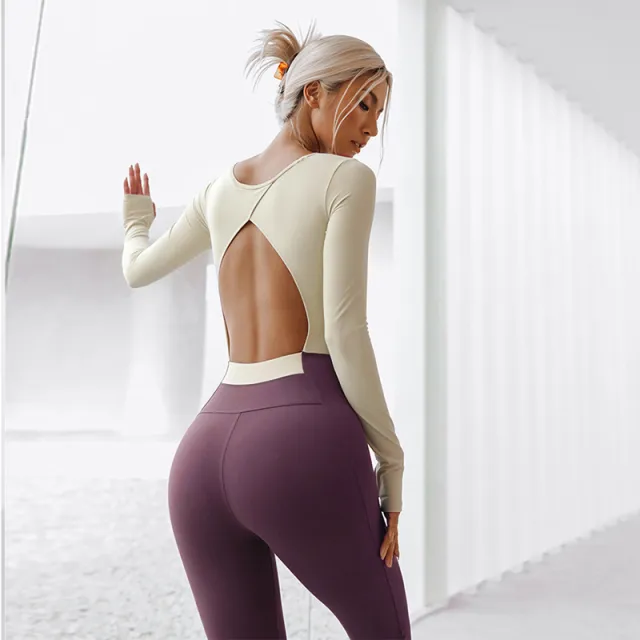 Stitching Fitness Suit Women's Spring And Autumn Long Sleeve One piece Beauty Back Vanilla Yellow - Shop at LoveMi