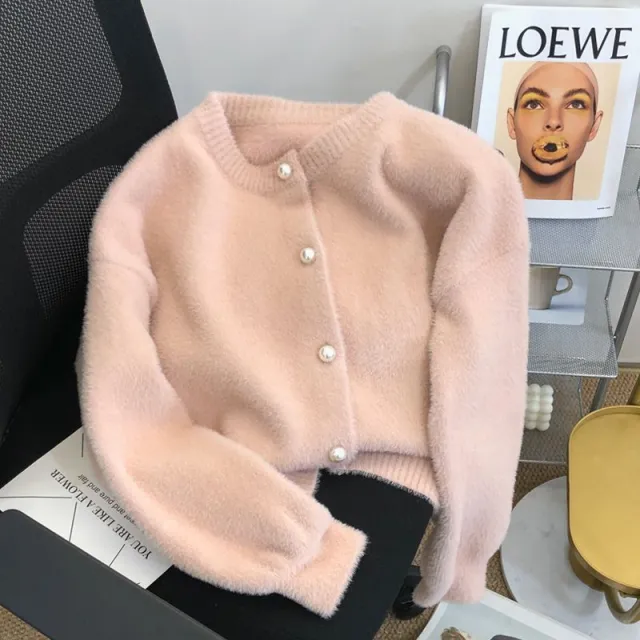 Spring And Autumn Soft Glutinous Artificial Mink Fur Sweater Cardigan For Women Pink - Shop at LoveMi