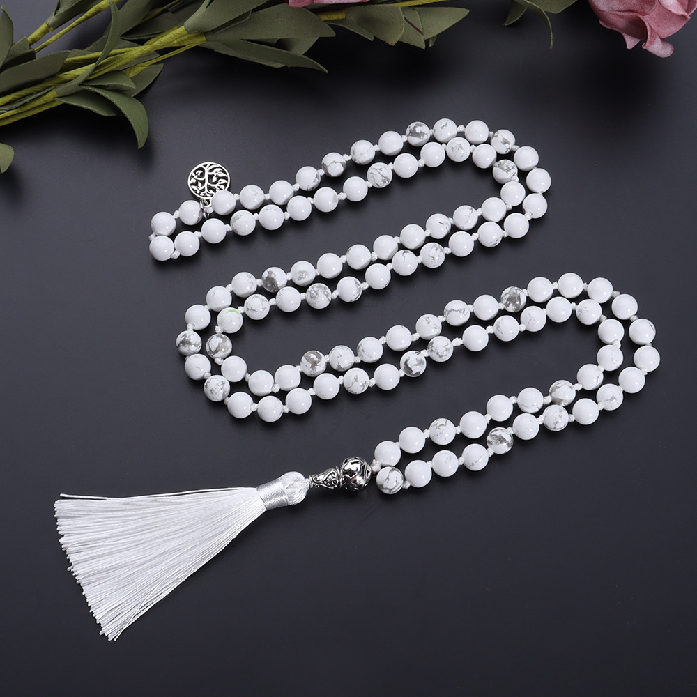 White Marble Mala Beads with Tassel