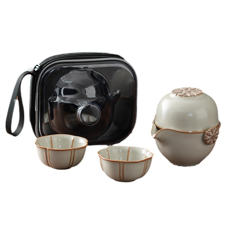 طقم شاي سفر بتصميم رو وير البيج - إبريق واحد يمتلئ بثلاثة أكواب