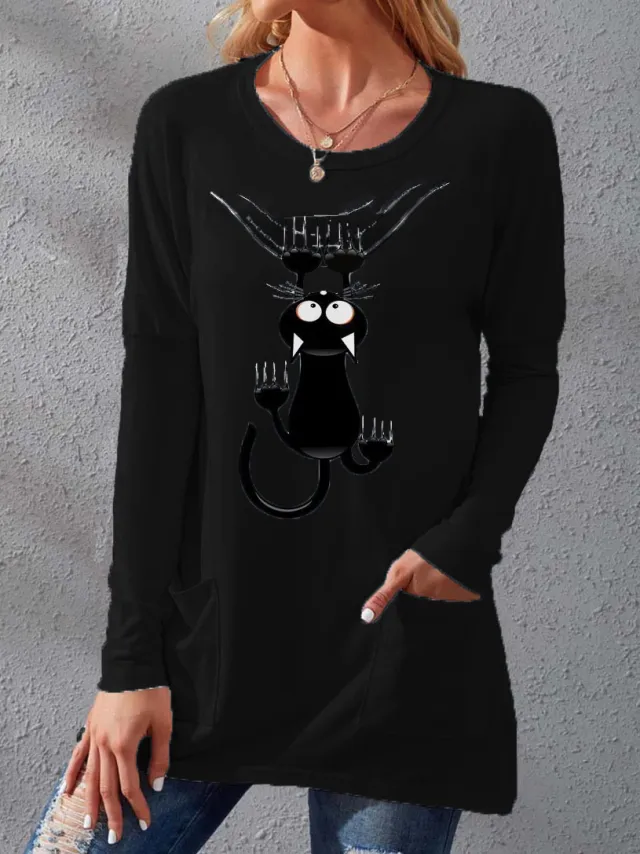 Women's Pocket Round Neck T shirt Printed Loose Long Sleeve Dress Black - Shop at LoveMi