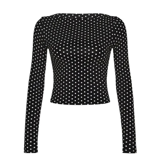 European And American Polka Dot Two piece Set Bootcut Pants Stretch Slim fit Printed Top Top S - Shop at LoveMi