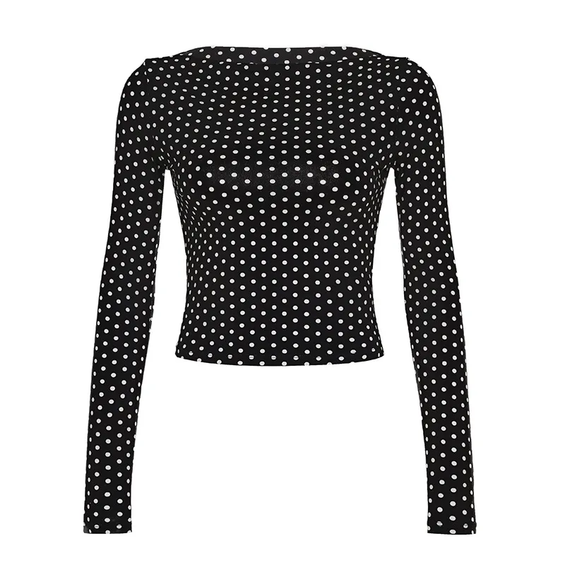 European And American Polka Dot Two-piece Set Bootcut Pants Stretch Slim-fit Printed Top - Top-S