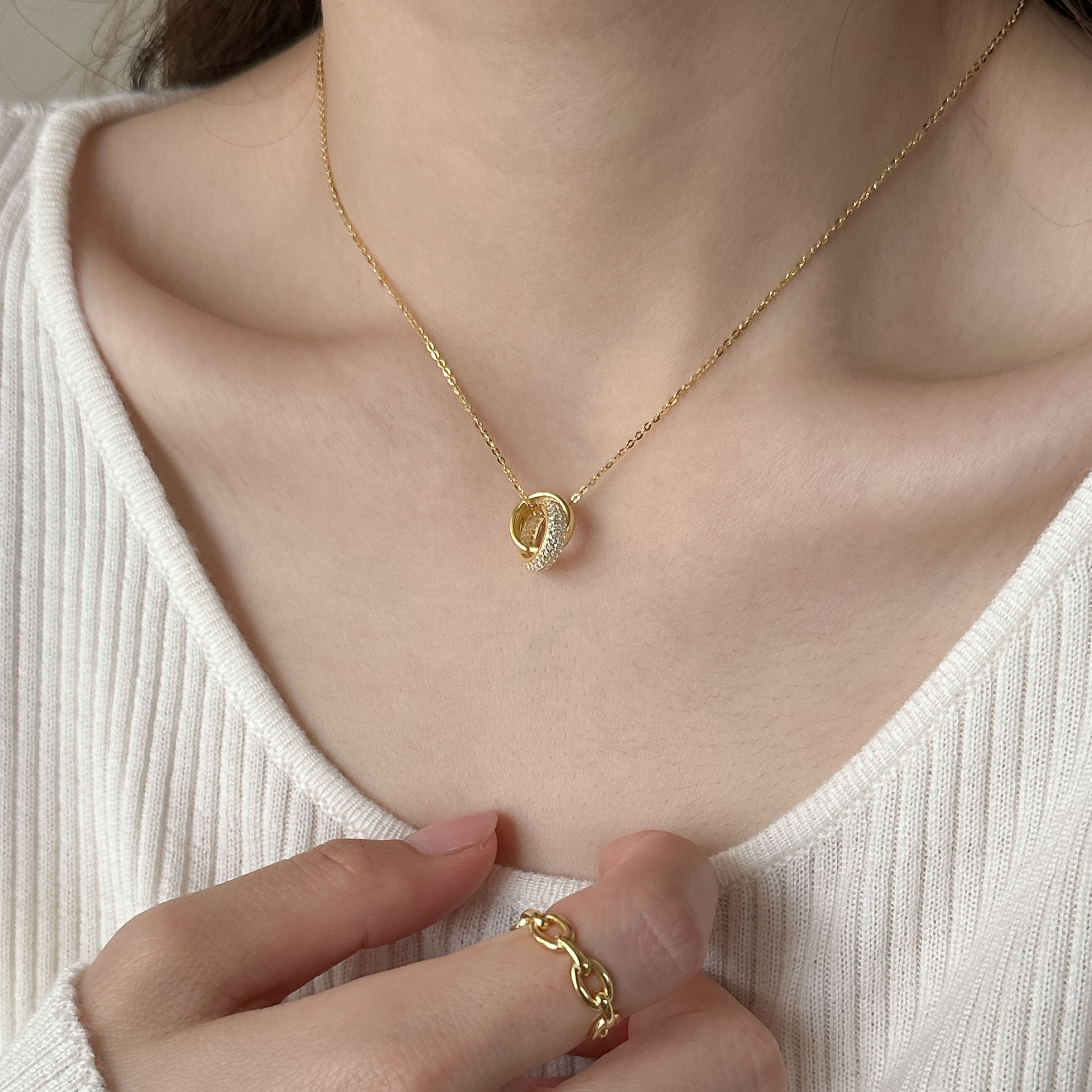 S925 Sterling Silver Light Luxury Temperament Diamond Double Ring Necklace For Women