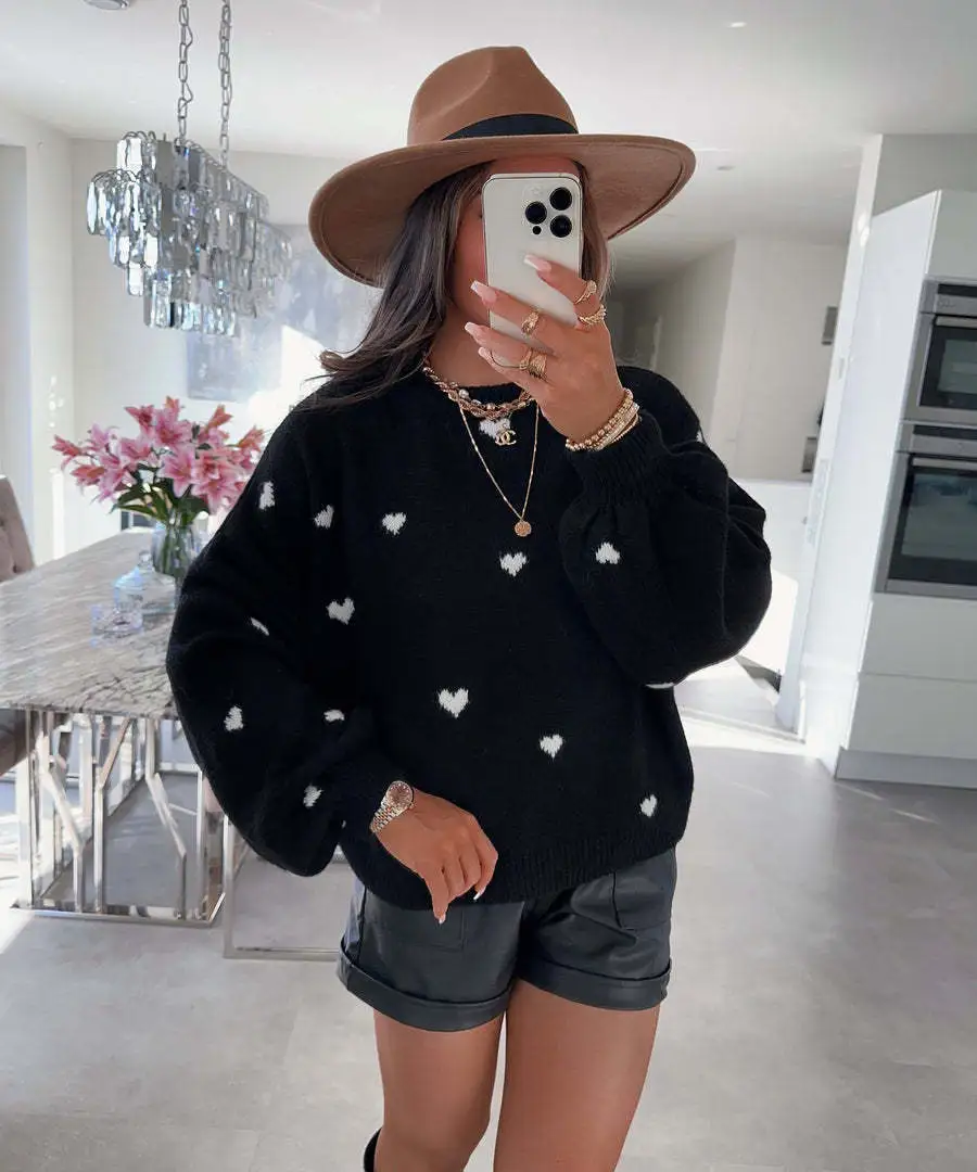 Female With Hearts Loose Sweater Pullover Long Sleeve Sweater - Black