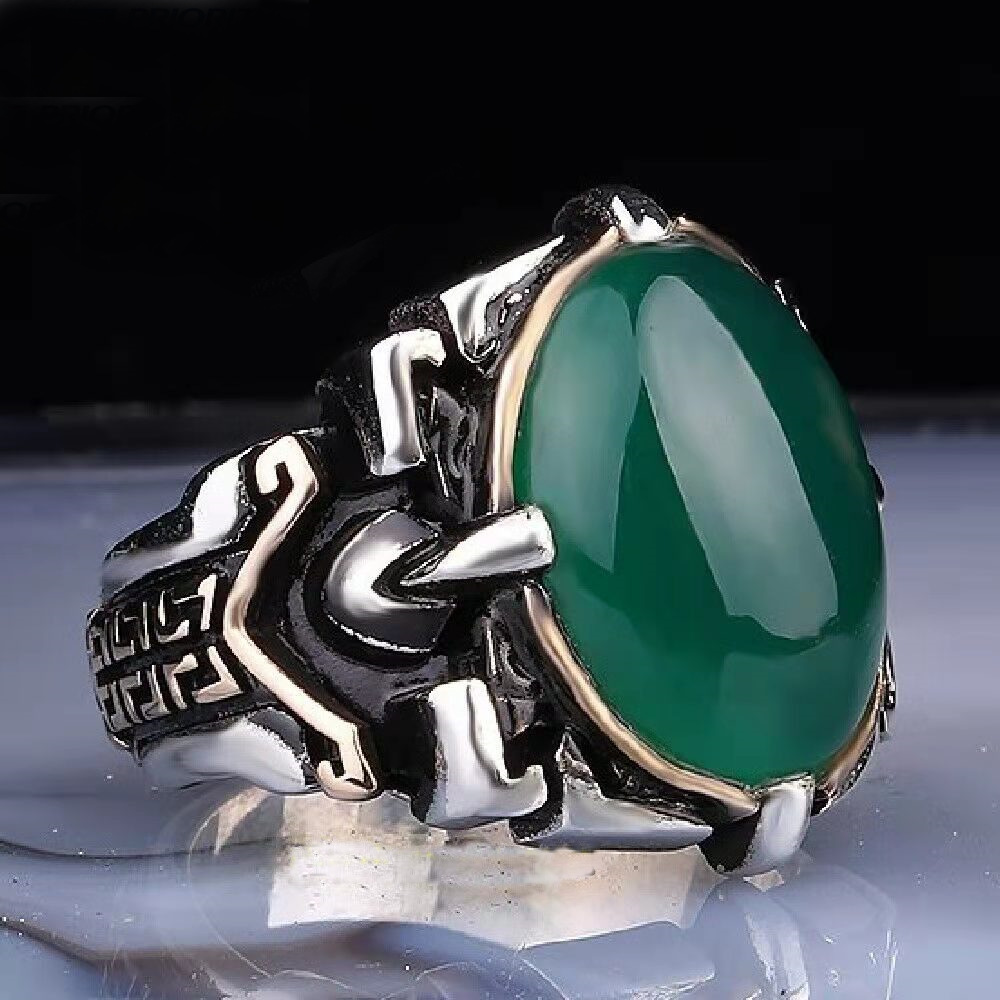 Vintage Natural Emerald Carved Totem Men's Ring