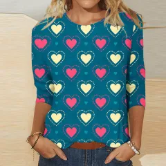 Valentine's Day Female With Hearts Printing Crew Neck T-shirt Top - Rq4127501-4Xl - View 1