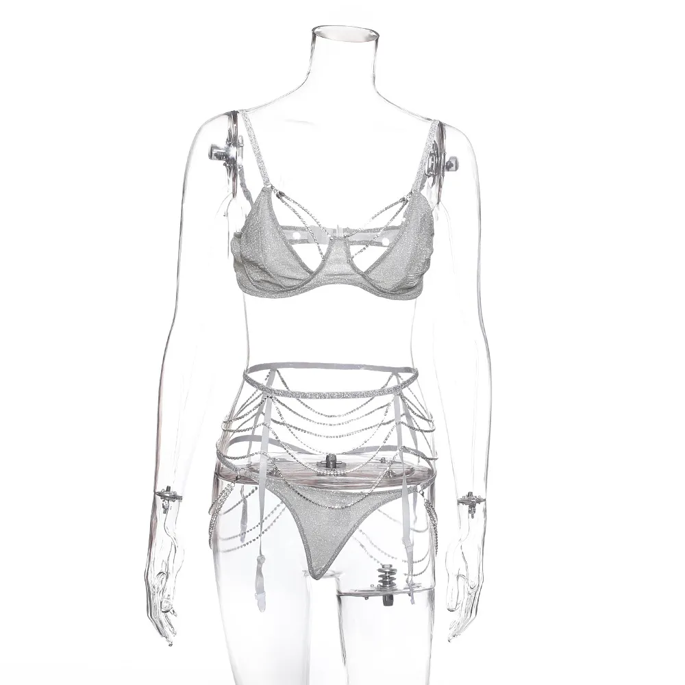 Women's Fashion Rhinestone Mesh Bandeau Bikini Set - Silver