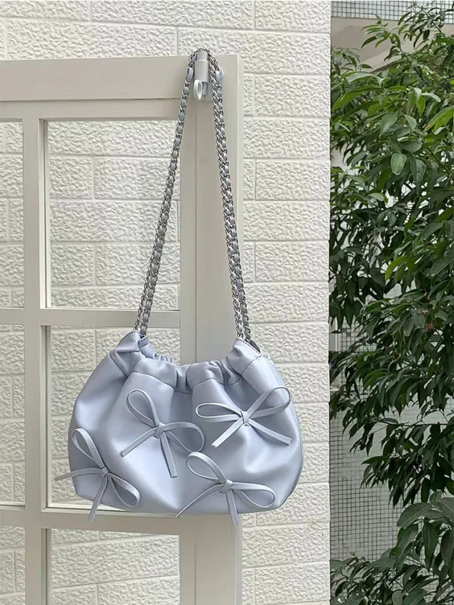 Knotted Chain Cross body Tote Bag Casual Cute Soft Leather Single Shoulder Bucket Bag Blue - Shop at LoveMi