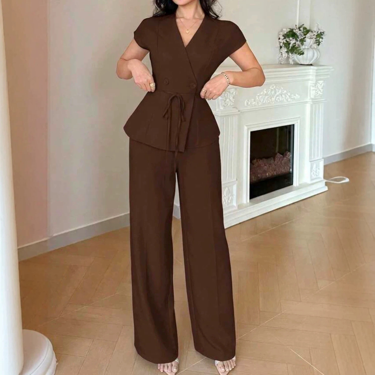 Womens Casual-Style Lace-Up Button Vest And Pants Set 7