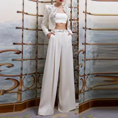 Graceful And Fashionable British Style Heavy Industry Beads Short Jacket Straight-leg Pants Wide Leg Suit - White - View 1