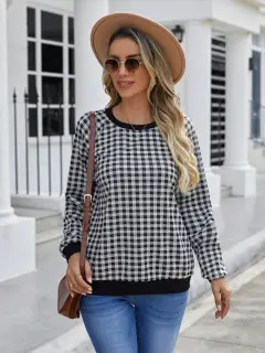 Japanese Sweet Plaid Pullover Long Sleeve Sweater - Black - View 1