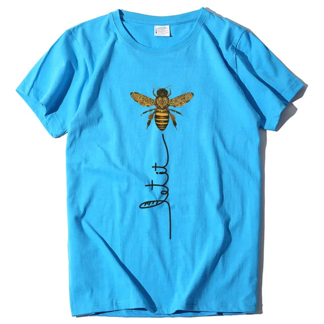 Bee And Letter Print Pattern Women's Loose T shirt Lake Blue - Shop at LoveMi