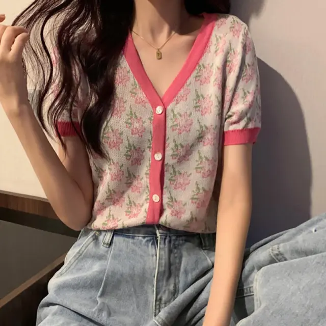 Summer Design Casual High Waist Contrast Color Retro Short V plate Knitted Cardigan Pink - Shop at LoveMi