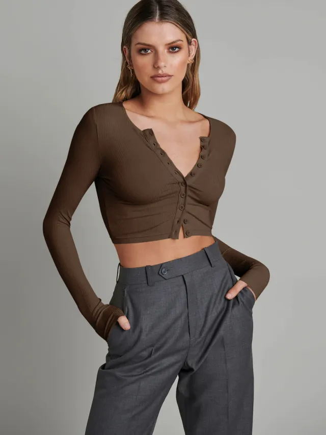 Button Rib Long Sleeve Knitted Cardigan Women's Clothes Cropped Top Esij019 Brown - Shop at LoveMi