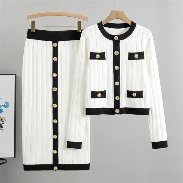 Skirt Knitted Cardigan Two piece Set Dress For Women Autumn And Winter White - Shop at LoveMi