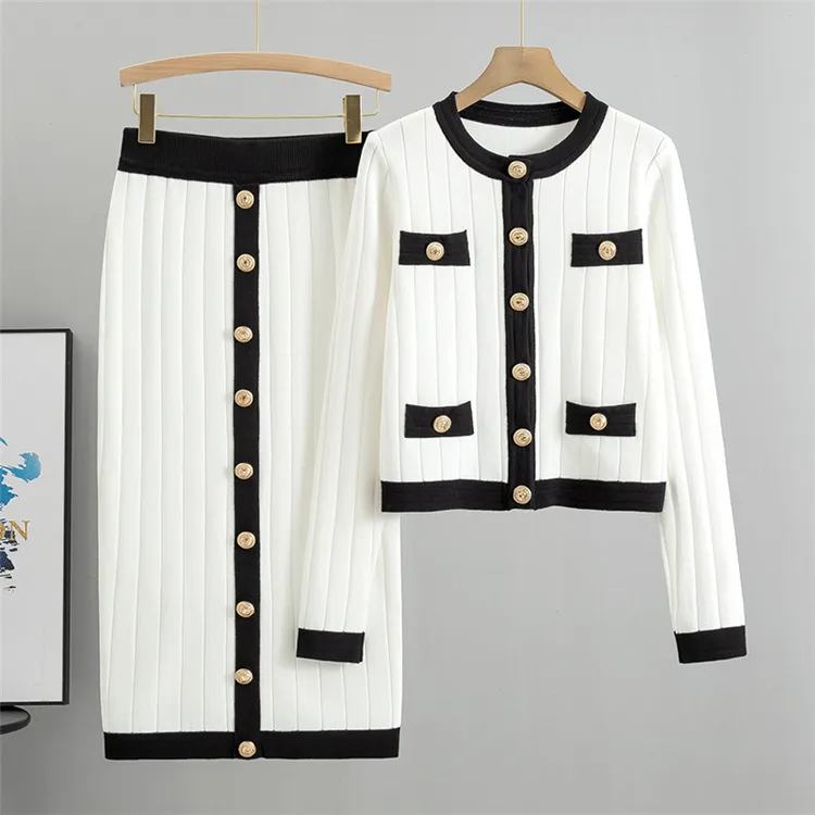 Skirt Knitted Cardigan Two-piece Set Dress For Women Autumn And Winter - White
