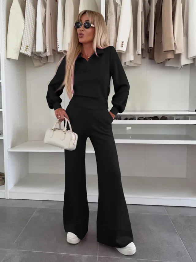 Long Sleeve Top Elastic Wide Leg Pants Two piece Set Black - Shop at LoveMi