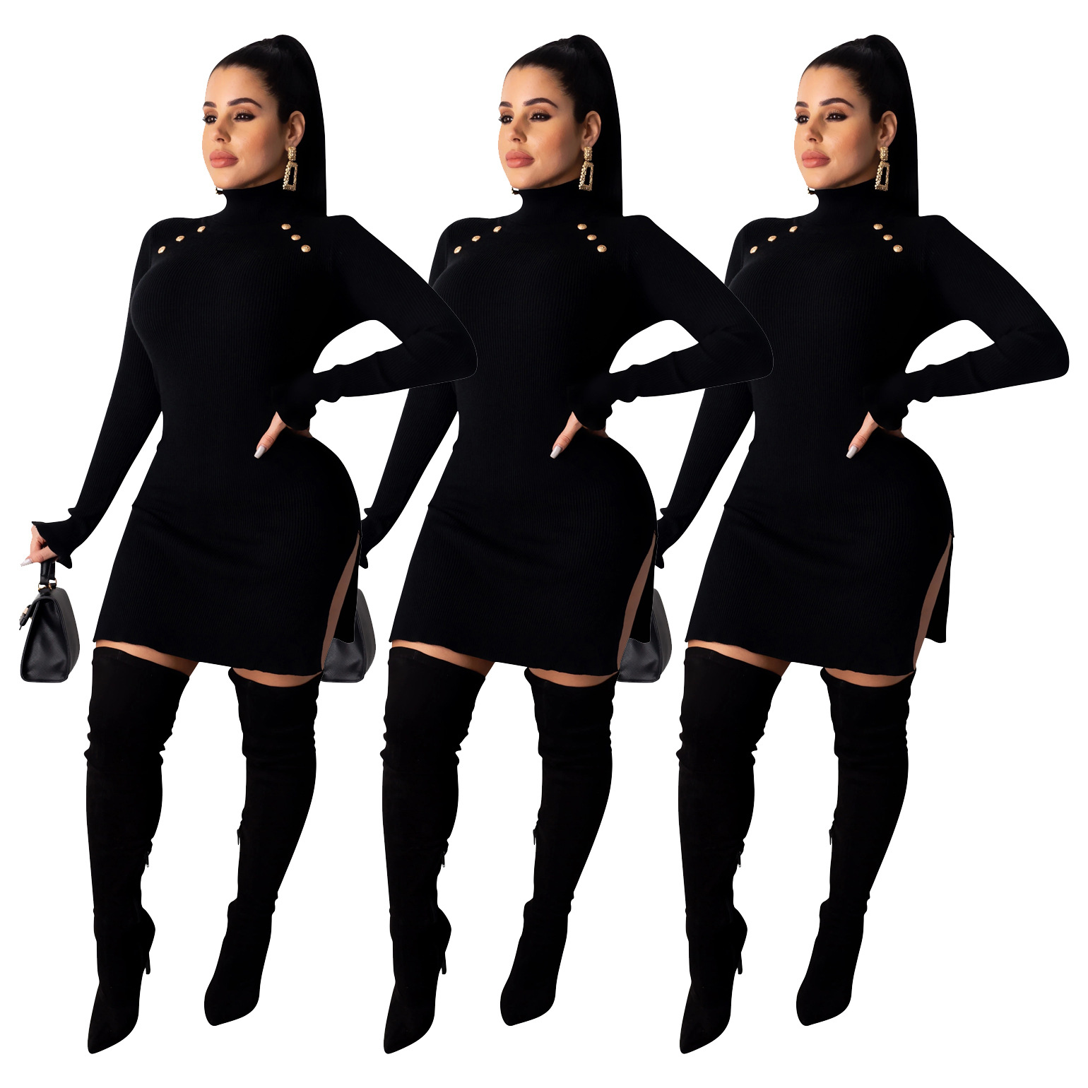 Casual Fashion Solid Color Rib Fabric Cloth Turtleneck Micro Flare Sleeve Dress