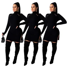 Casual Fashion Solid Color Rib Fabric Cloth Turtleneck Micro Flare Sleeve Dress - Black - View 1