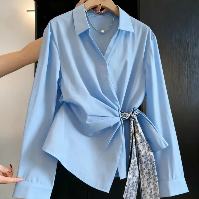 Womens Autumn Long Sleeve Shirt With A Diagonal Placket Silk Scarf Tie Blue - Shop at LoveMi