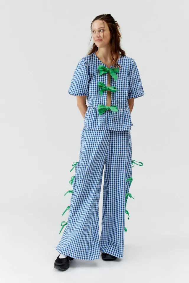 Women's Plaid Trousers Fashionable With Side slit Blue - Shop at LoveMi